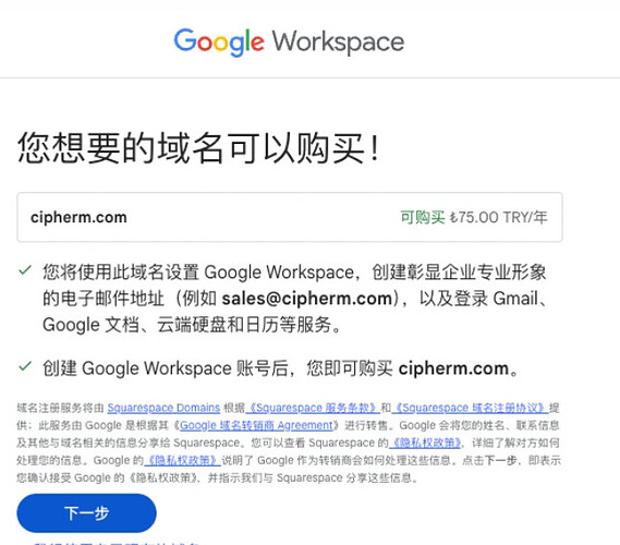 通过 Google Workspace 实现 14 人民币每年购买 com net 等顶级域名（续费同价）